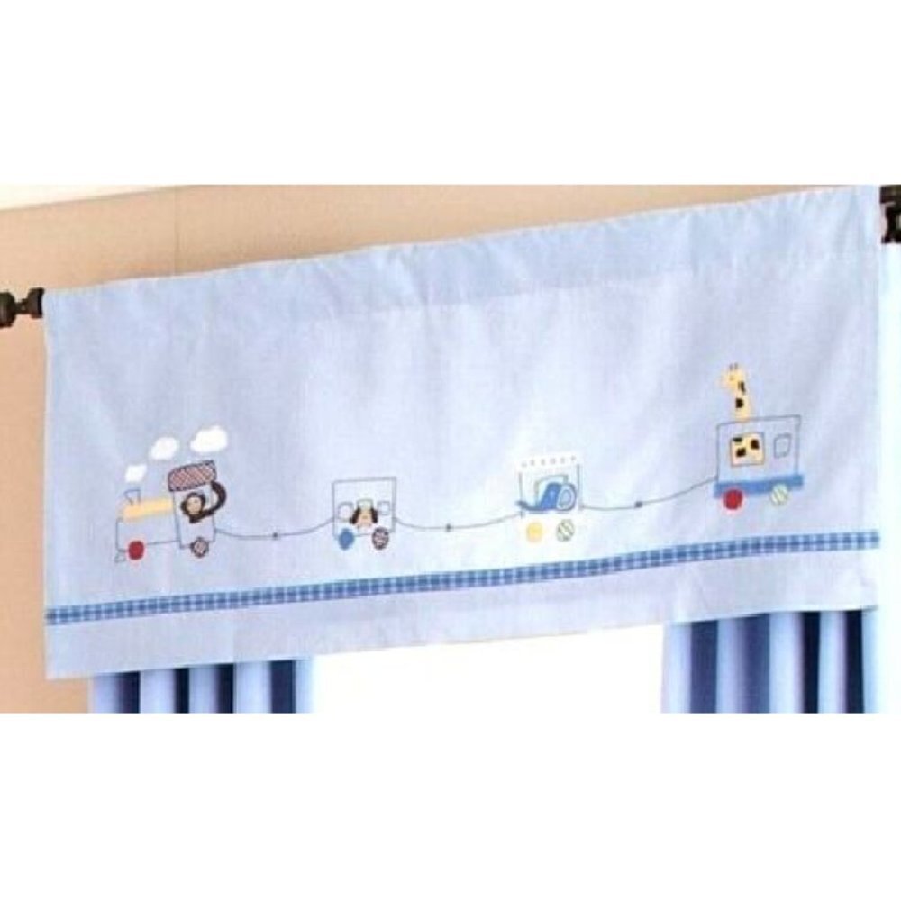 Pottery Barn Kids Ryder Circus Train Blue Animals Stripe Valance 44"x18"+Finials